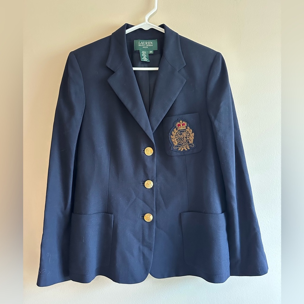 Vtg Lauren Ralph Lauren Gold Crown Crest Wool Blazer Gold-Button Navy Sz 10p